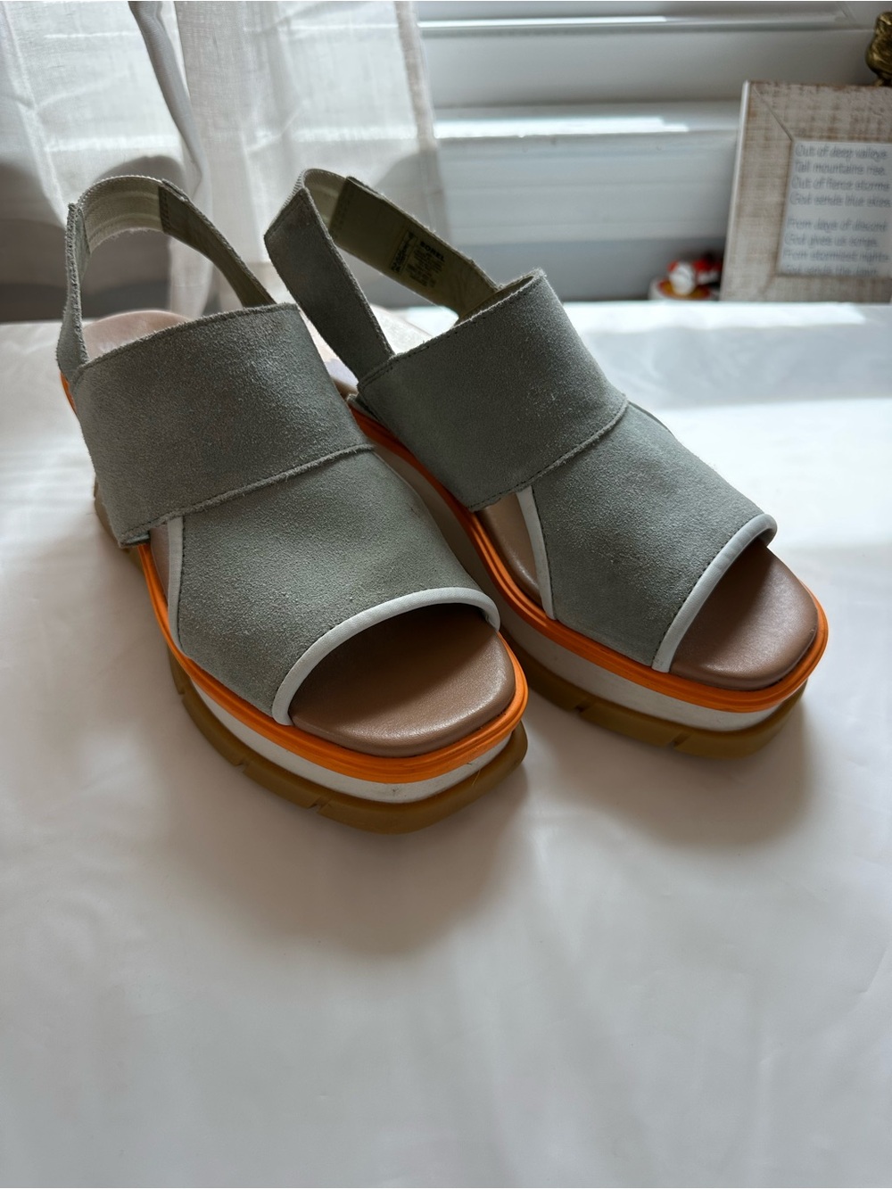 Sorel Joanie III Gray Suede Slingback Platform Sandals with Orange Accent Size 7